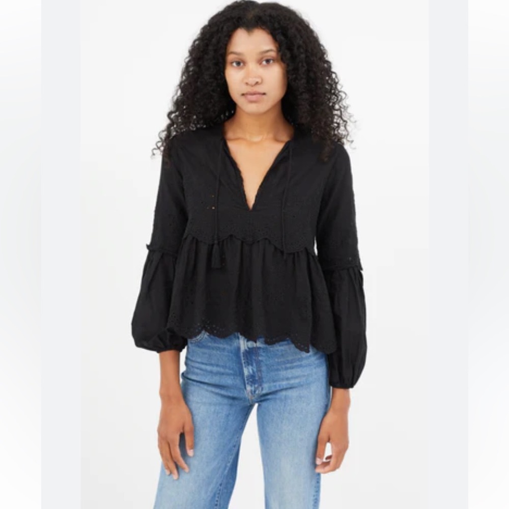 Ulla Johnson Eyelet Ruffled Peplum Top Black Size 0